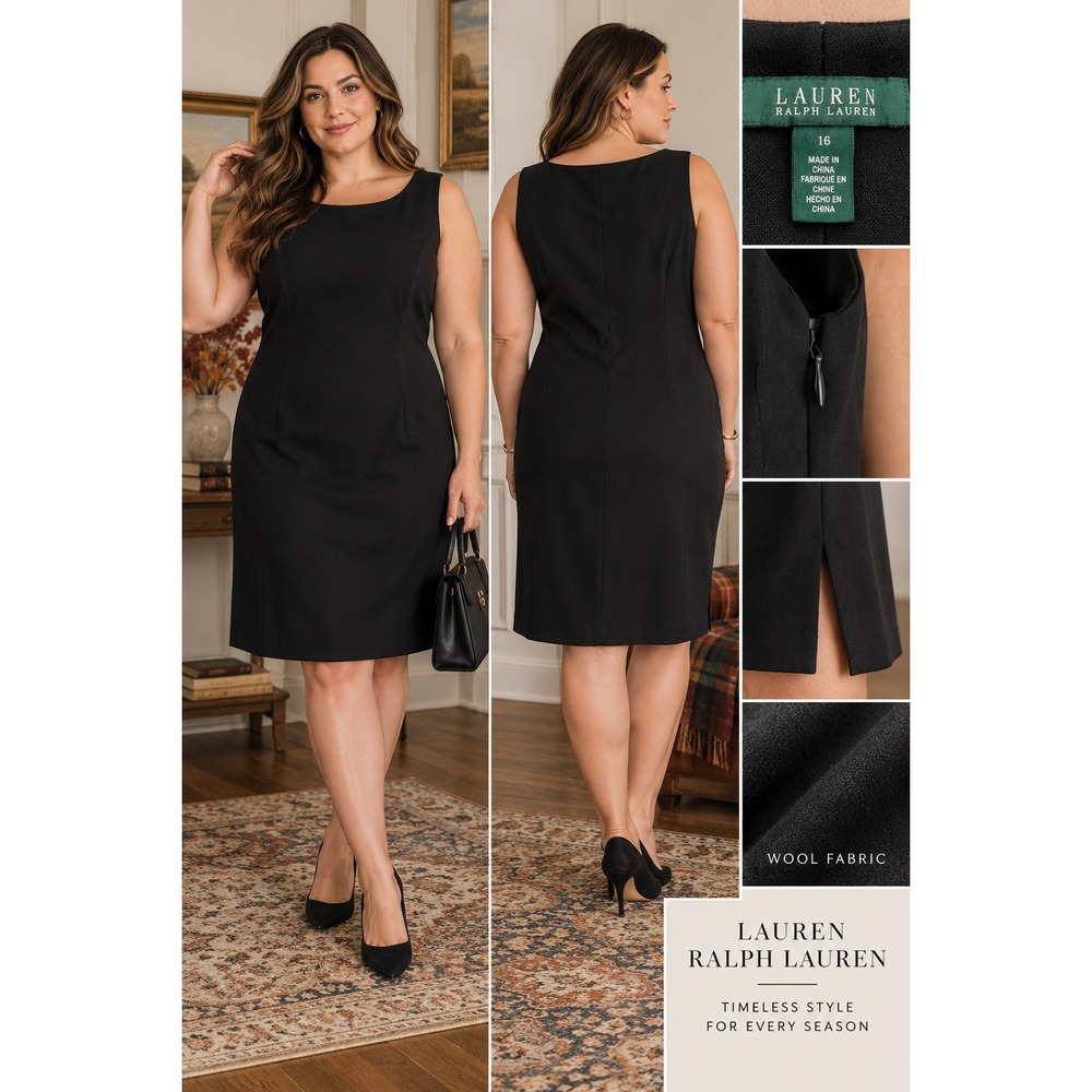 Lauren Ralph Lauren Black 100% Wool Sheath Dress Size 16 Sleeveless Knee Length